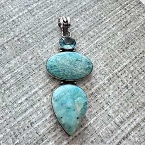 Pendant Amazoite And Aquamarine 3 Large Gemstones Stones Silver Tone Gift 3331